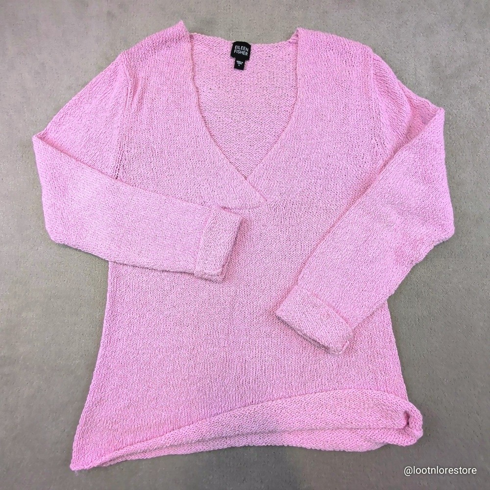 Eileen Fisher‎ Pink Large V-Neck Knit Sweater Cotton Nylon Chunky Long Sleeve